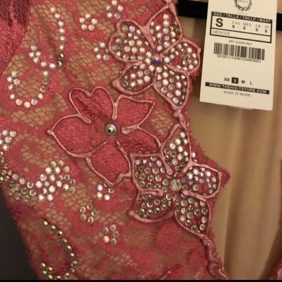 NWT HOLT ELI Pink Handmade Paint Lace rhinestones Embellished Dress - Picture 3 of 5
